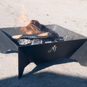 An outdoor fire pit with flames and burning wood