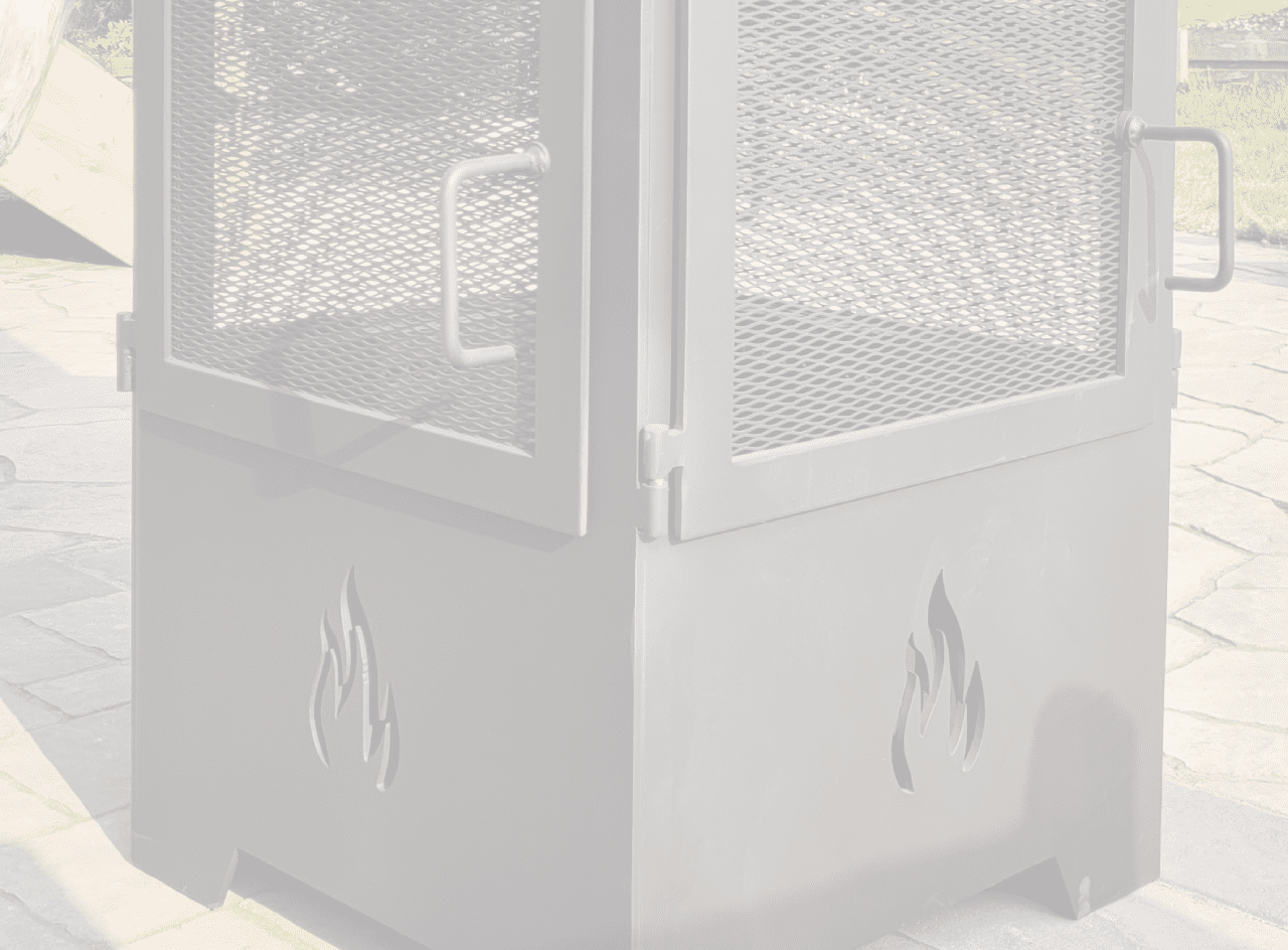 A black metal outdoor fireplace with mesh sides and flame cut-out designs on the body.